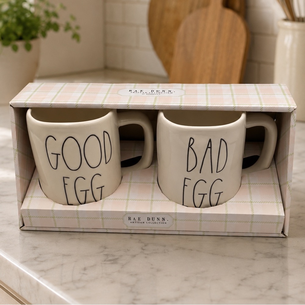*New* Rae Dunn Cream “Good Egg” & “Bad Egg” Mug Set